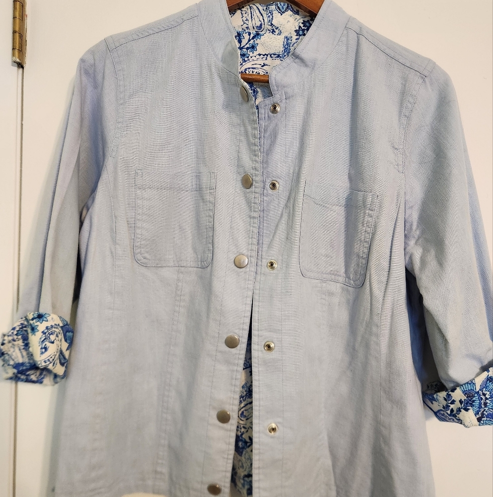 Light Blue Button-Up Jacket with Floral Accents